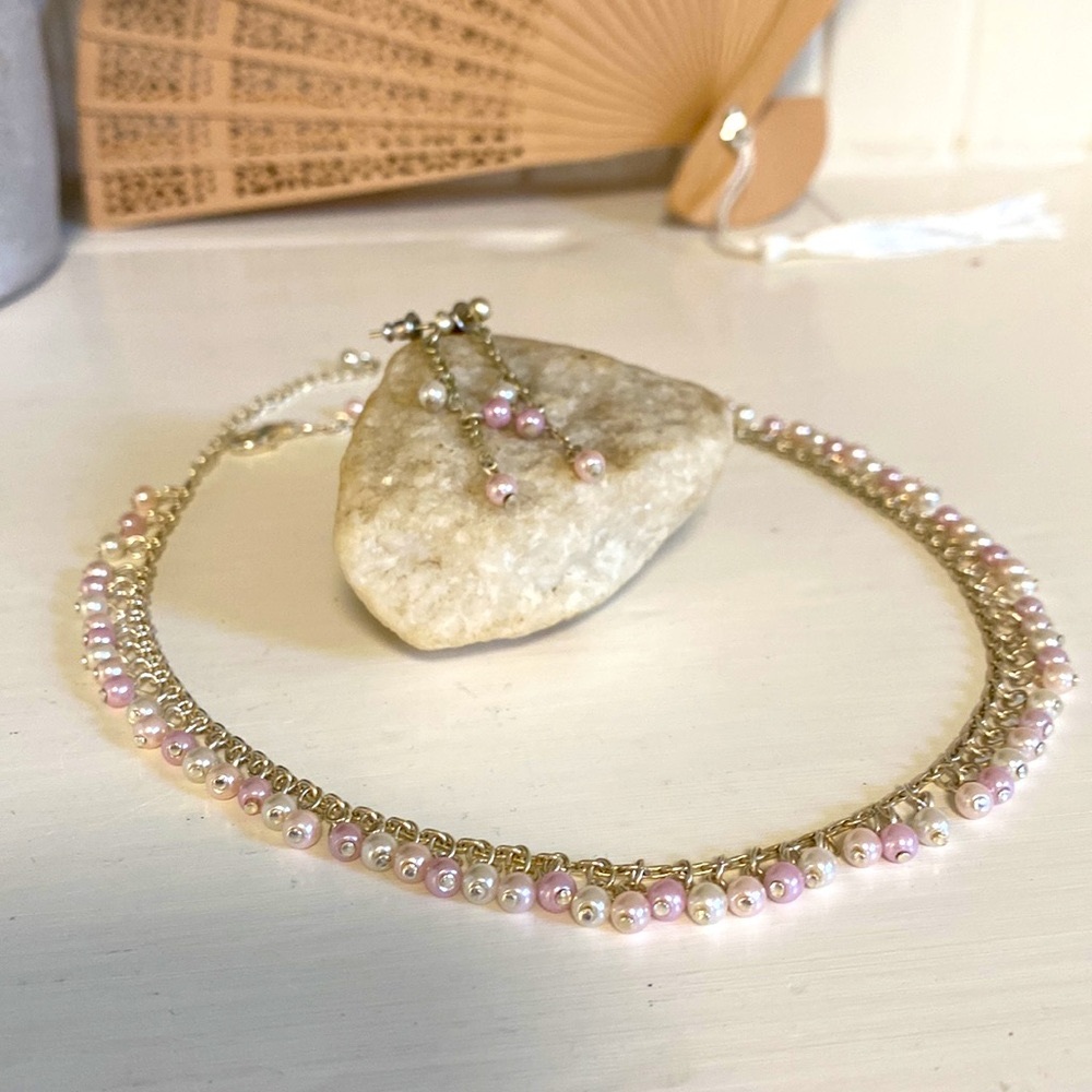 Pearl Bead Necklace & Earrings - pearl white and light pink